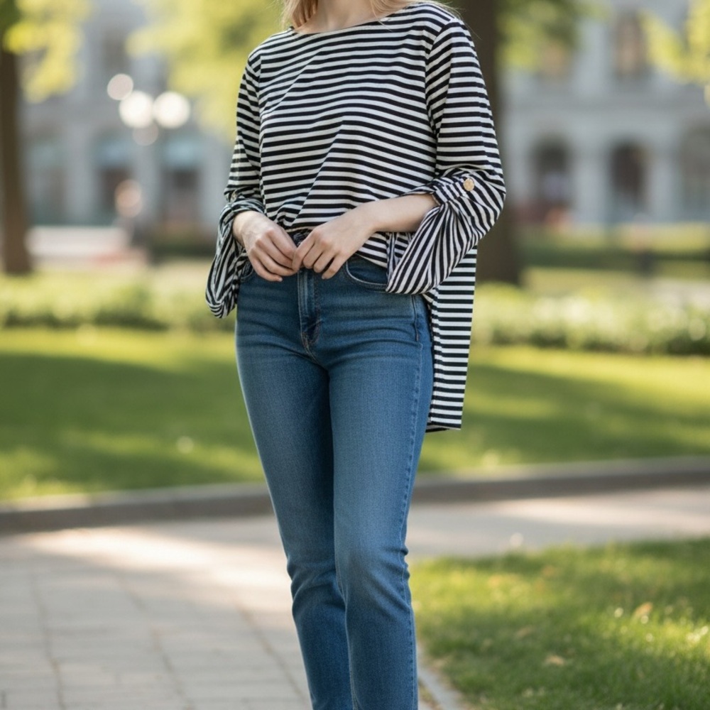 Calvin Klein Black and White Striped Roll-Up Sleeves High Low Women’s Top Size M